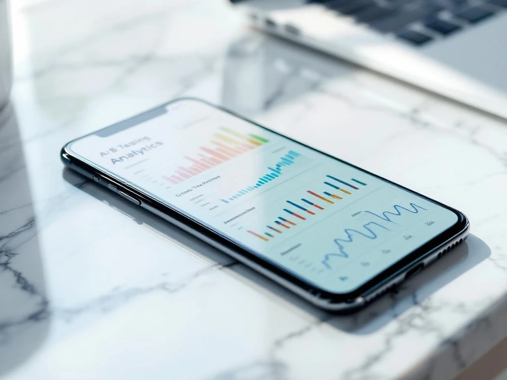 iPhone and Android smartphones displaying A/B testing analytics dashboards with colorful graphs on marble desk surface