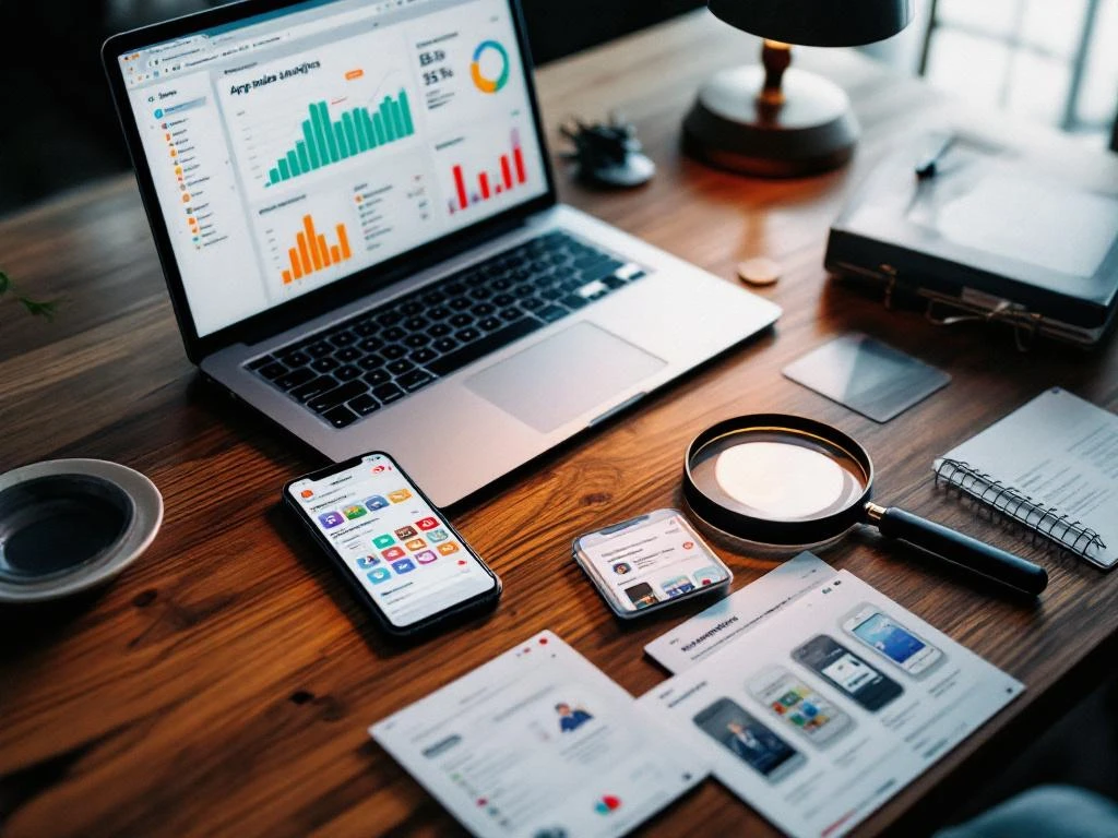 Smartphone met kleurrijke app-pictogrammen en laptop met analysegrafieken op een houten bureau, inclusief screenshots van concurrerende apps.