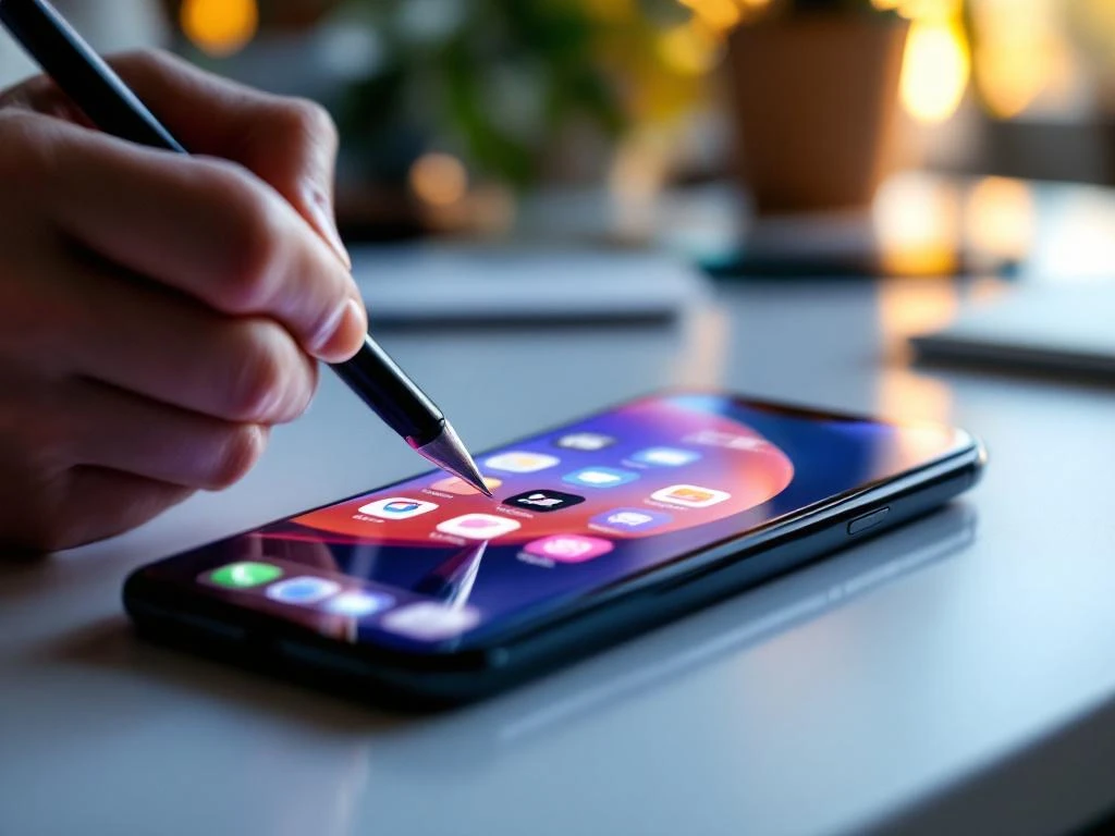 Designer using stylus to edit app icons on smartphone screen displaying colorful app store interface on modern desk