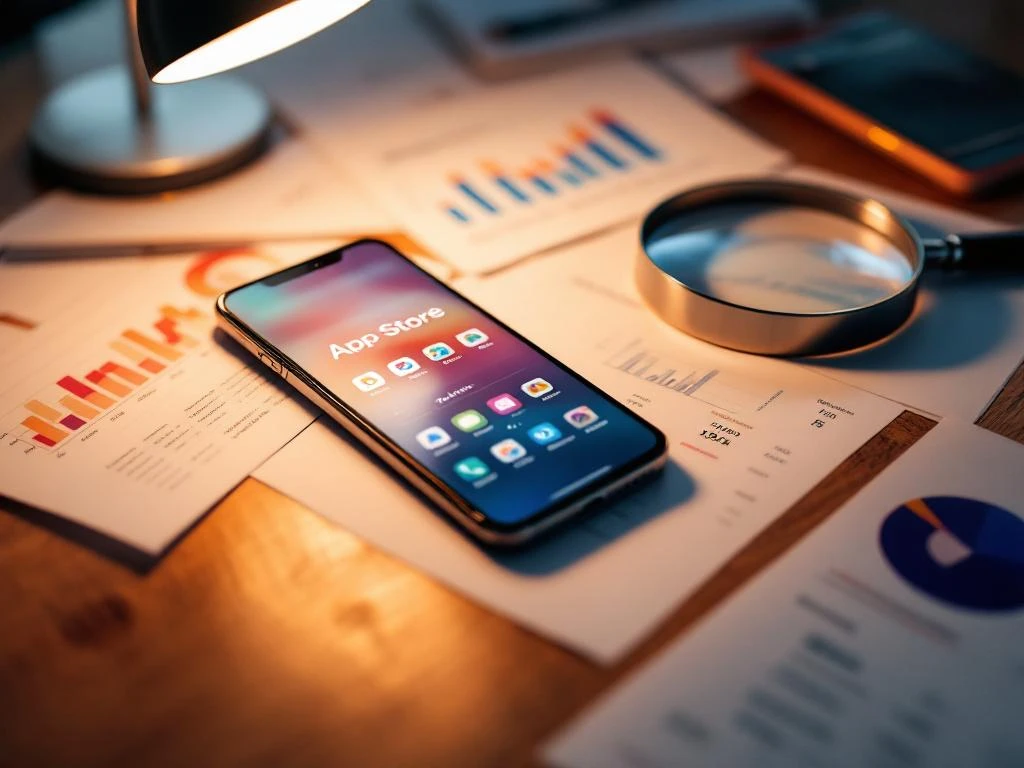 Smartphone displaying app store interface on wooden desk with analytics charts, magnifying glass over download statistics