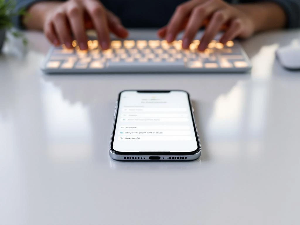 iPhone 15 Pro displaying App Store Connect keyword entry interface on white desk with developer typing on wireless keyboard