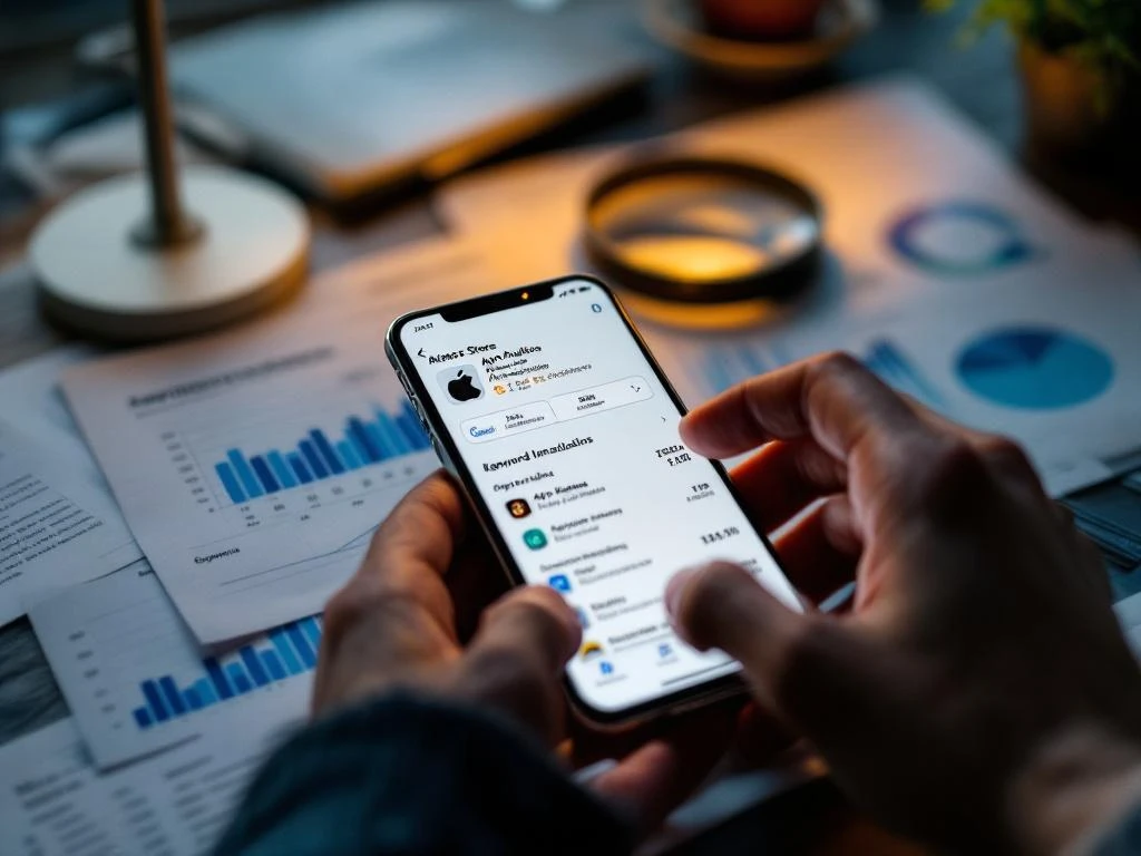 Op een bureau ligt een iPhone met zoekresultaten uit de App Store, samen met marketinganalyserapporten en een vergrootglas boven de app-ranglijsten.