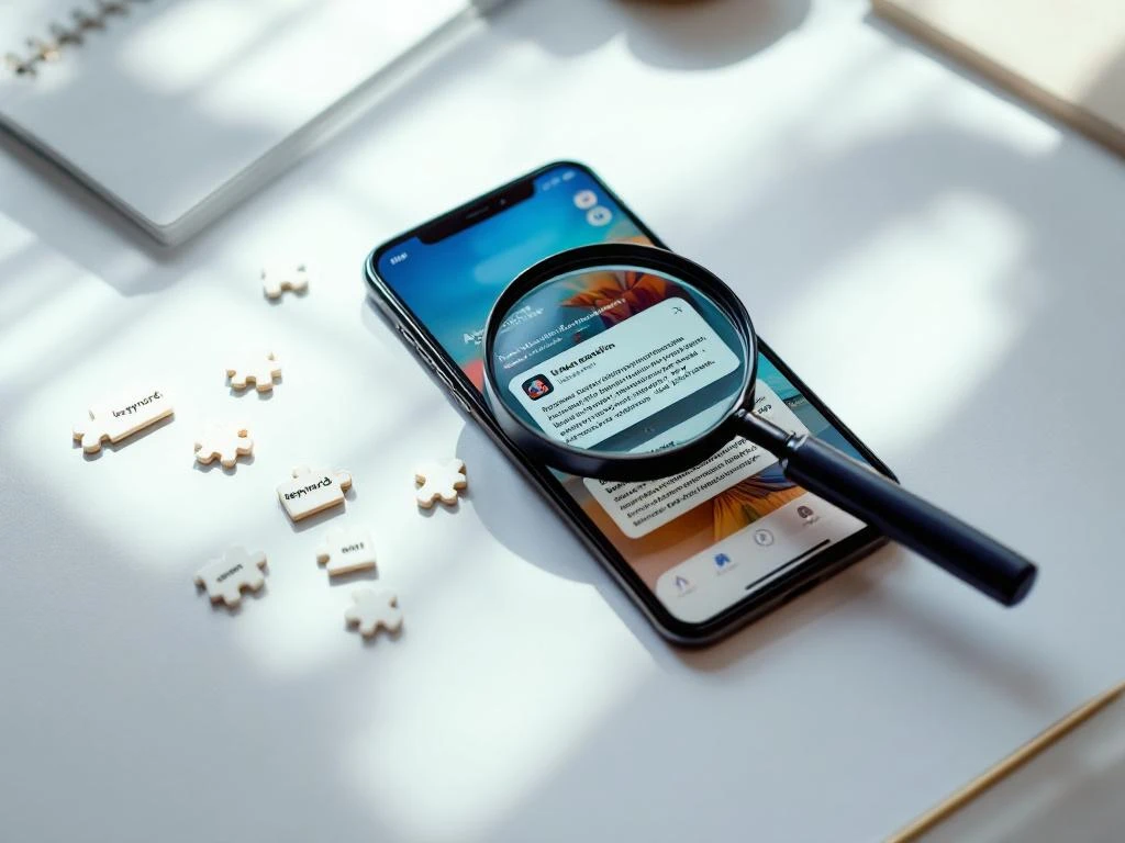 Smartphone on white desk showing app store with magnifying glass over screen and keyword tags scattered around device