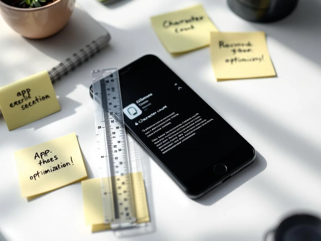 Smartphone on white desk displaying app store page with digital ruler measuring text and handwritten optimization notes nearby