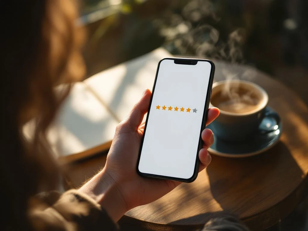 Hand die een smartphone vasthoudt waarop een vijfsterrenbeoordeling op het scherm te zien is, boven een houten tafel met een koffiekopje en een notitieboekje in een zonovergoten kamer.