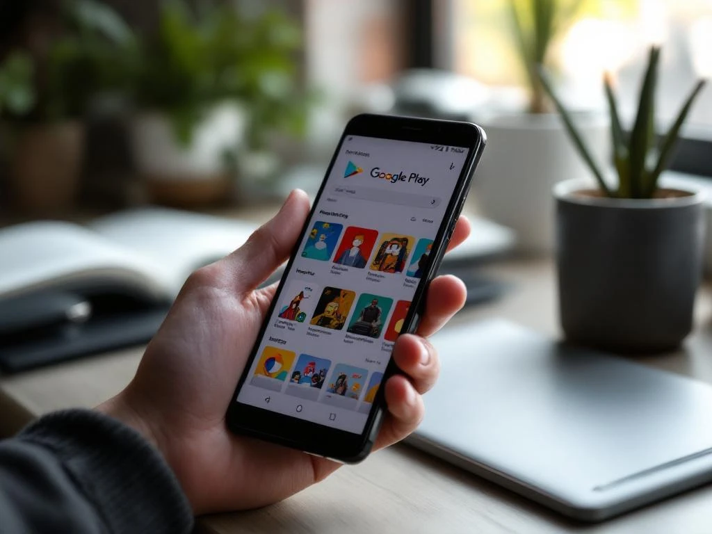 Smartphone displaying Google Play Store app interface with colorful app icons, held on modern desk with natural lighting