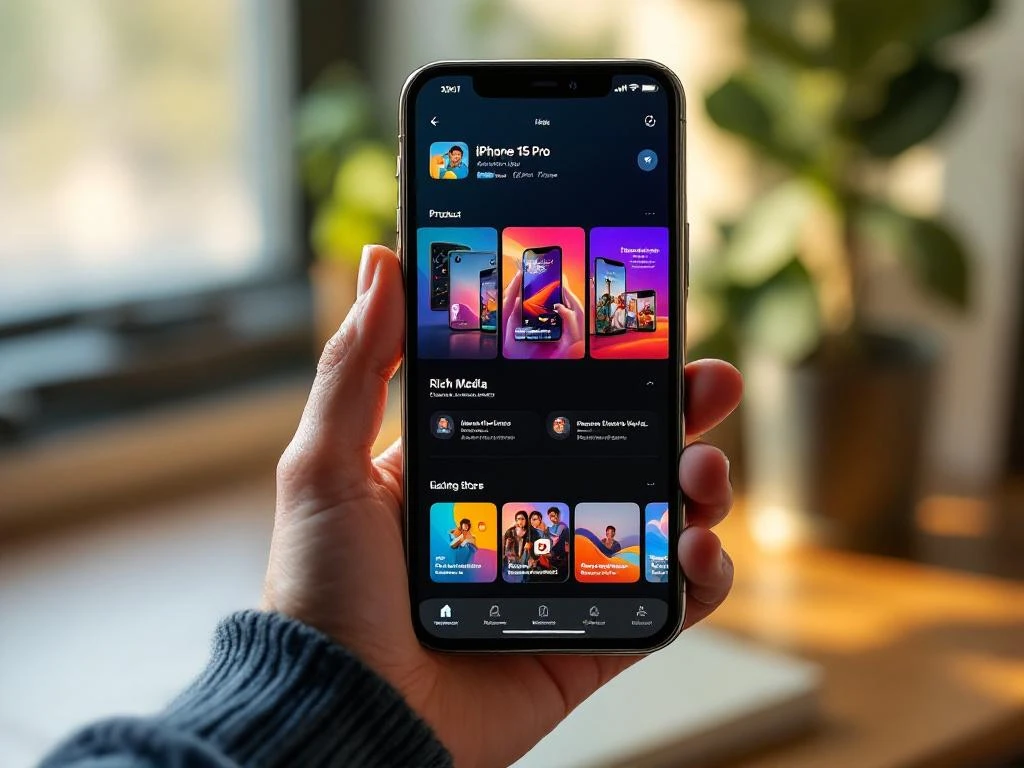 iPhone 15 Pro displaying colorful App Store page with app screenshots and videos, held in hands with natural lighting
