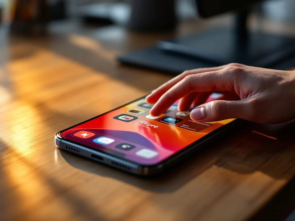 iPhone 15 Pro op een houten bureau, waarop de App Store-interface te zien is, met een hand boven het scherm in natuurlijk licht.