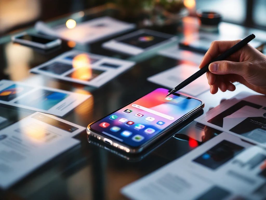 De hand van een ontwerper wijst met een stylus naar een smartphone waarop de interface van een mobiele app te zien is, op een glazen bureau met marketingmateriaal.