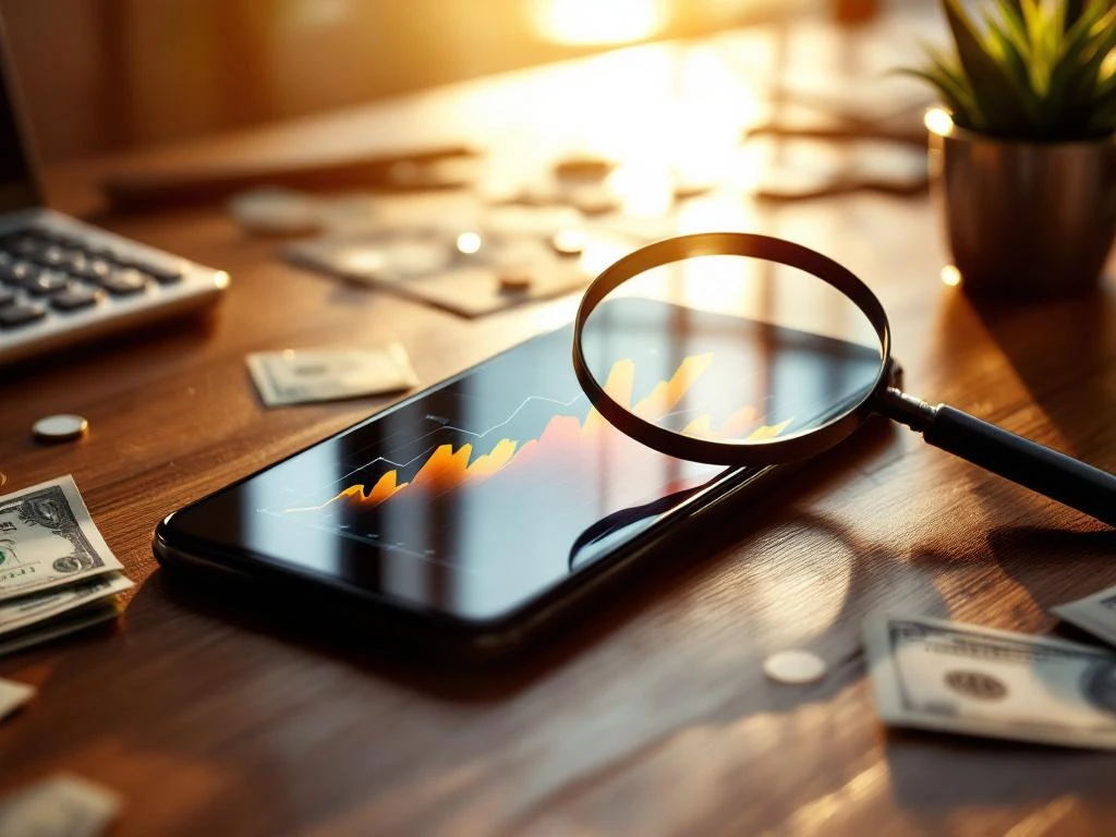 Smartphone displaying colorful analytics charts with magnifying glass over rising graphs, calculator and dollar bills on wooden desk