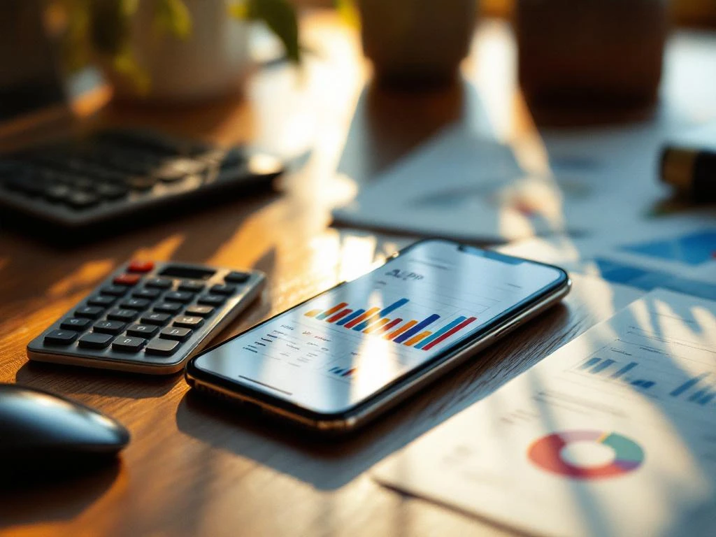 Smartphone showing colorful analytics charts on wooden desk with calculator and reports in sunlit office workspace