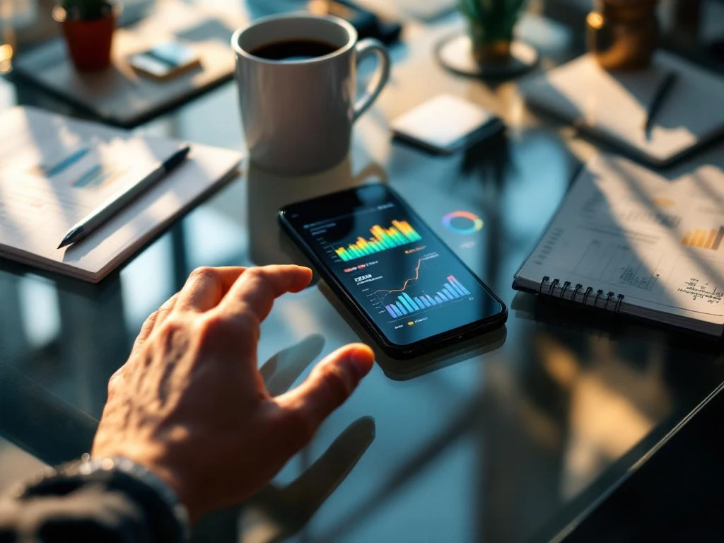 Smartphone displaying colorful analytics graphs on glass desk with coffee cup, data printouts, and notepad in natural light