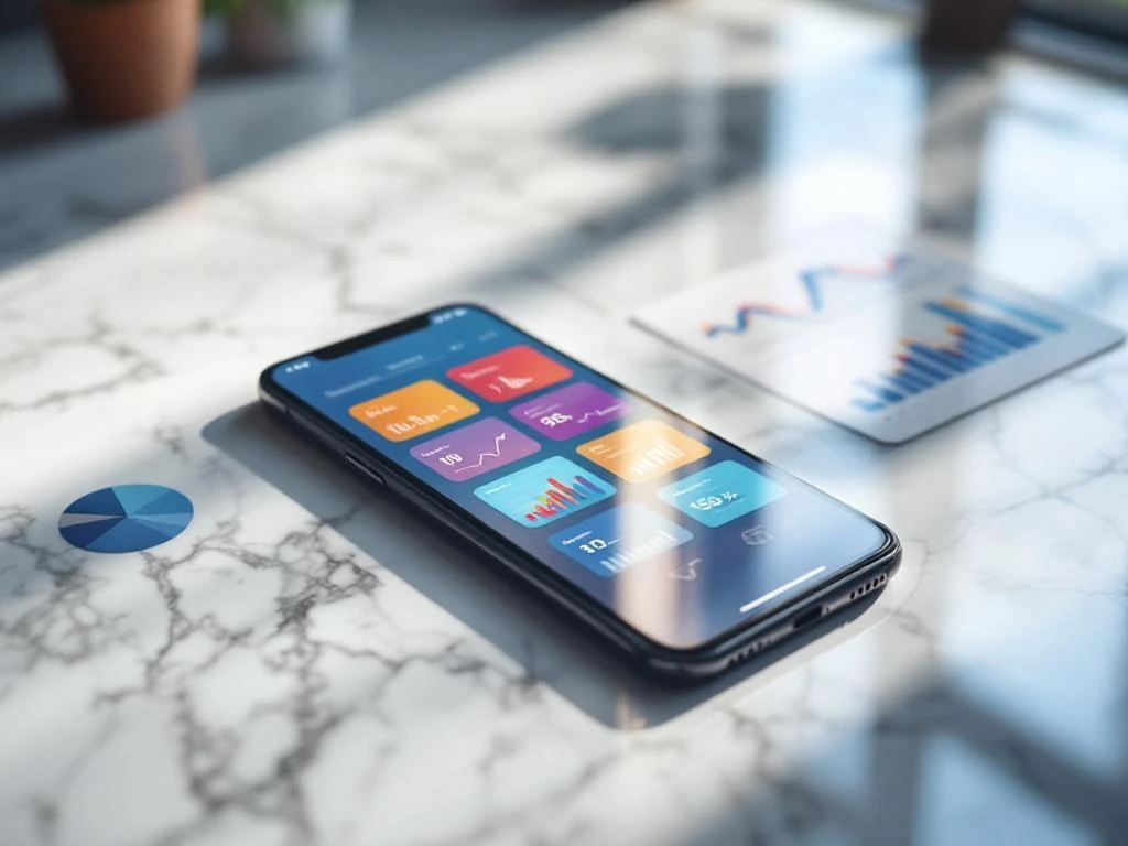 Smartphone with colorful app screenshots on marble surface surrounded by upward trending analytics charts and graphs