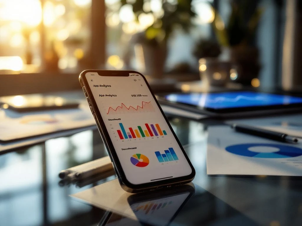 Smartphone met kleurrijke grafieken van app-analyses op een glazen bureau, met afgedrukte grafieken en een tablet met statistieken in de buurt.