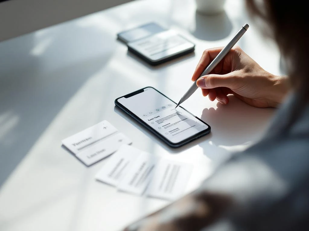 Smartphone met kleurrijke app-interface op wit bureau, met de hand van de ontwerper die een stylus en indexkaarten vasthoudt.