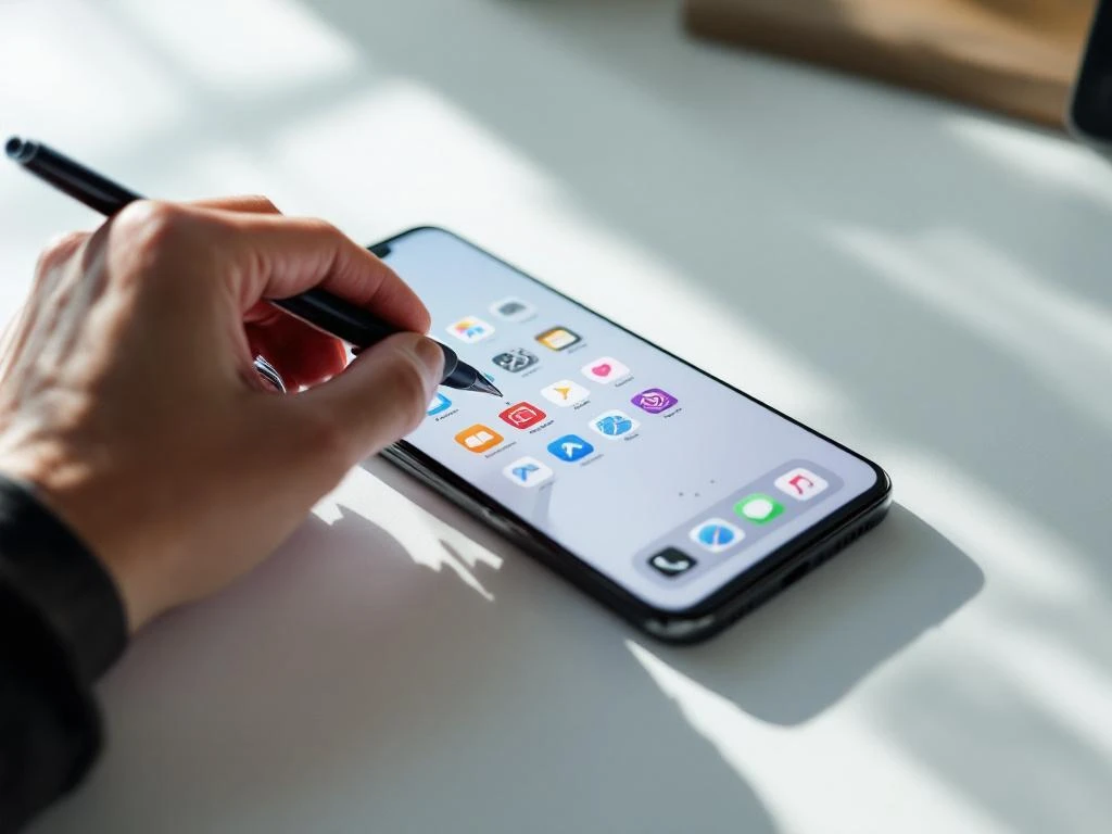Designer's hand with stylus hovering over smartphone screen displaying colorful app icons on white desk in natural light
