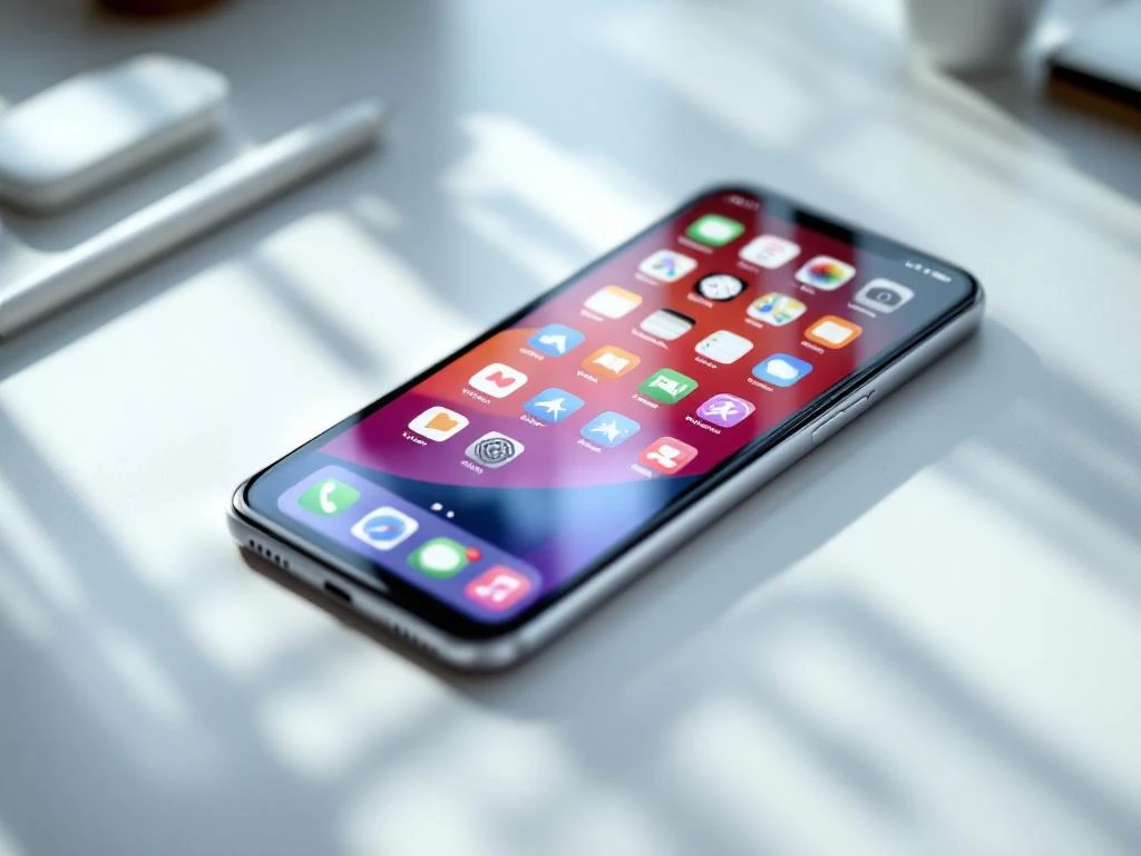 Smartphone on white desk displaying colorful app icons with one highlighted icon prominently featured on screen