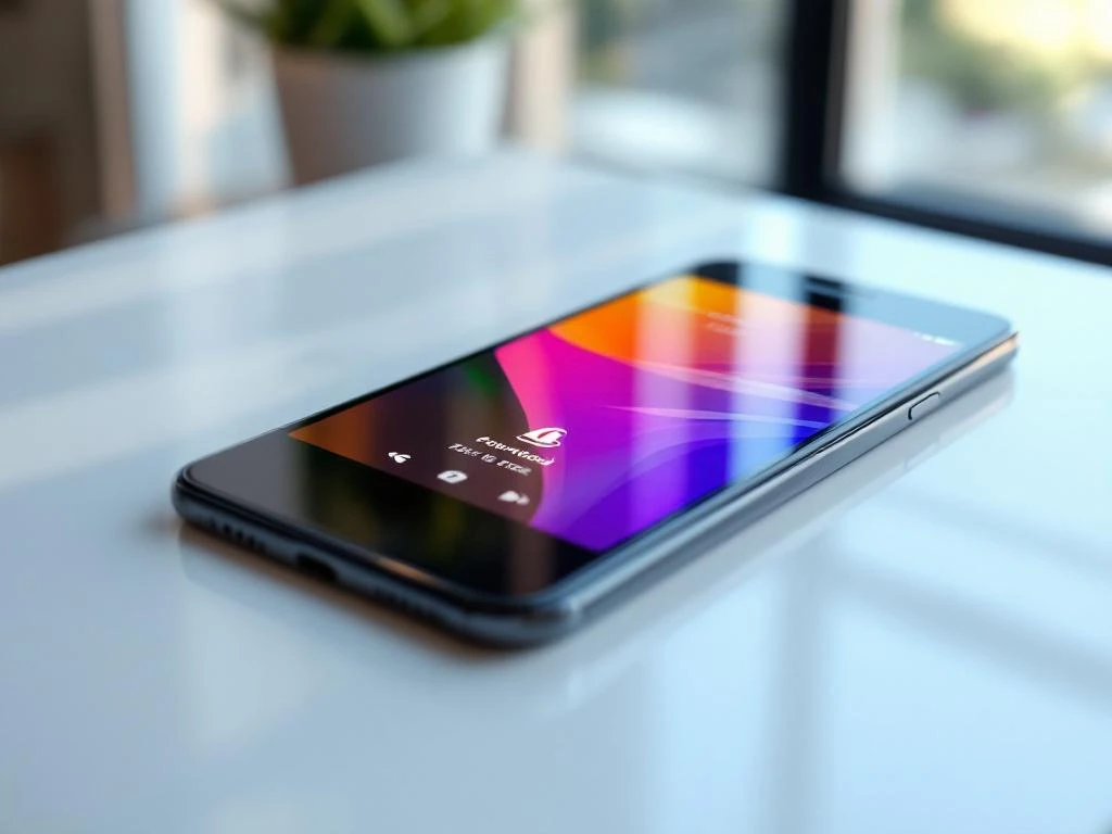 Smartphone on white desk displaying colorful app preview video with download progress indicators and app store interface