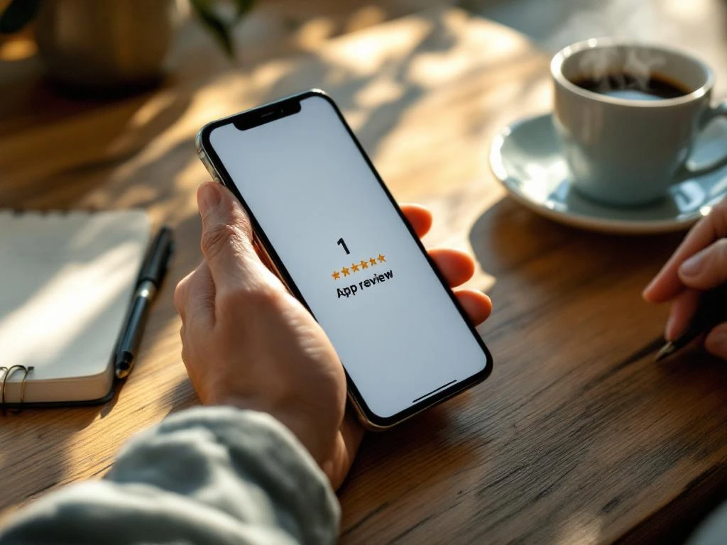 Persoon met smartphone in de hand die een app-recensie met één ster laat zien, zittend op een houten bureau met een koffiekopje en notitieblok in natuurlijk licht.
