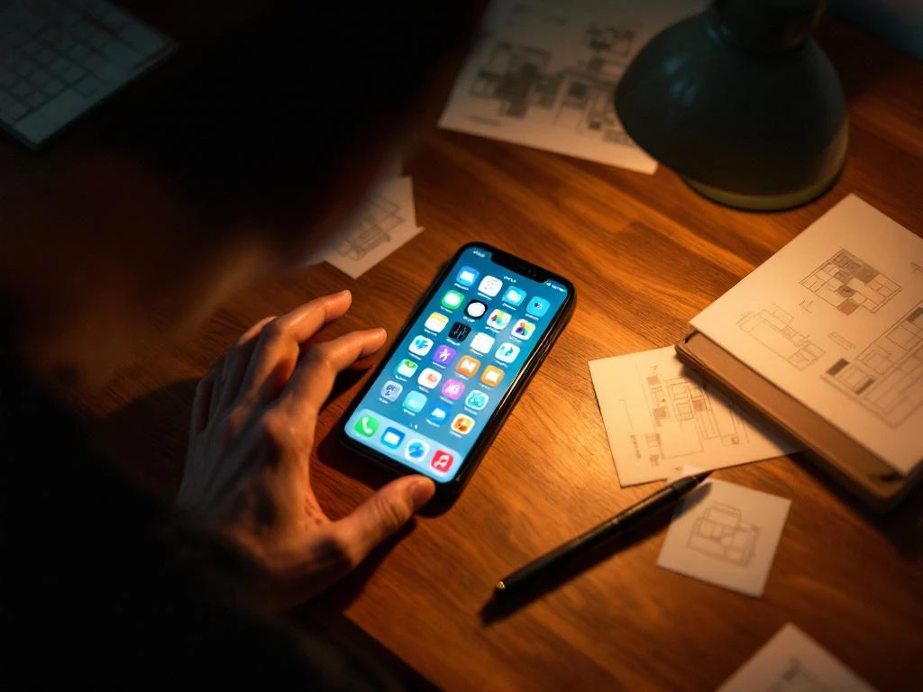 Hand zweeft boven een smartphone waarop kleurrijke app-pictogrammen te zien zijn, op een houten bureau met wireframe-schetsen en warme verlichting.