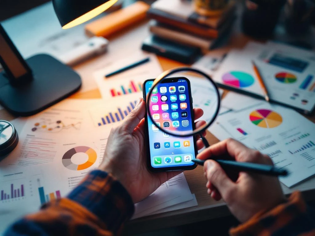 Smartphone displaying colorful app store interface on desk with competitor research notes, magnifying glass, and stylus