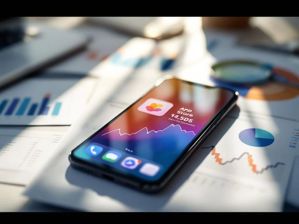 Smartphone met kleurrijke app store op bureau, inclusief analysegrafieken en een vergrootglas boven downloadstatistieken.