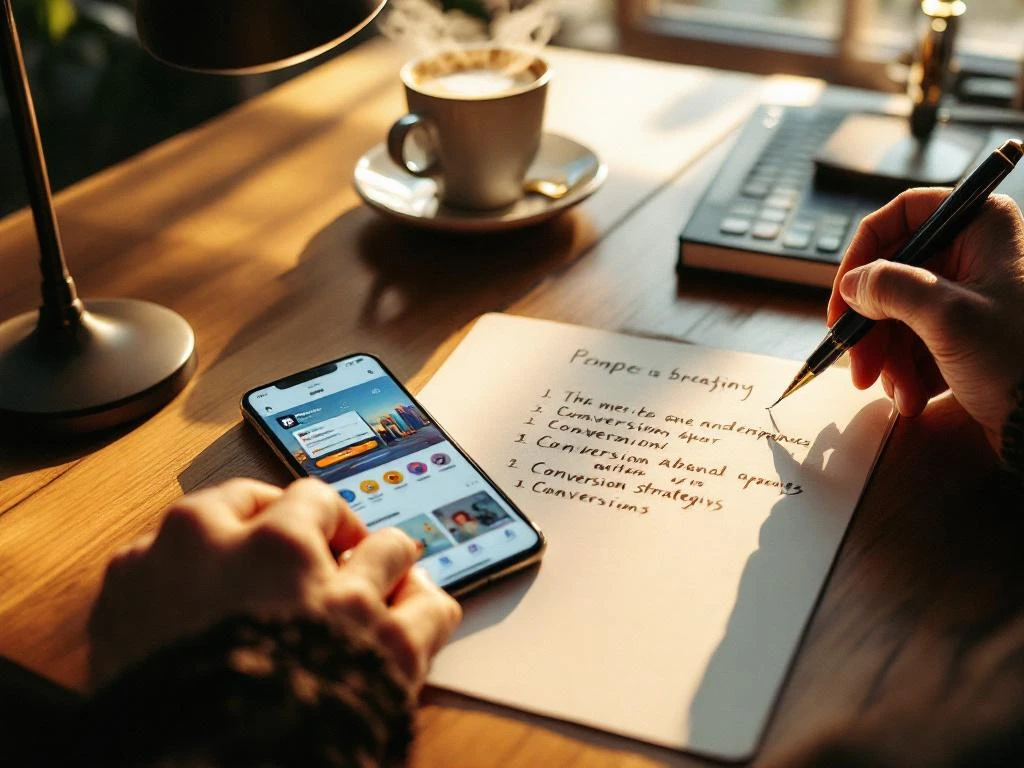 Smartphone met app store op houten bureau, hand houdt pen vast boven notitieblok met aantekeningen over conversiestrategie.