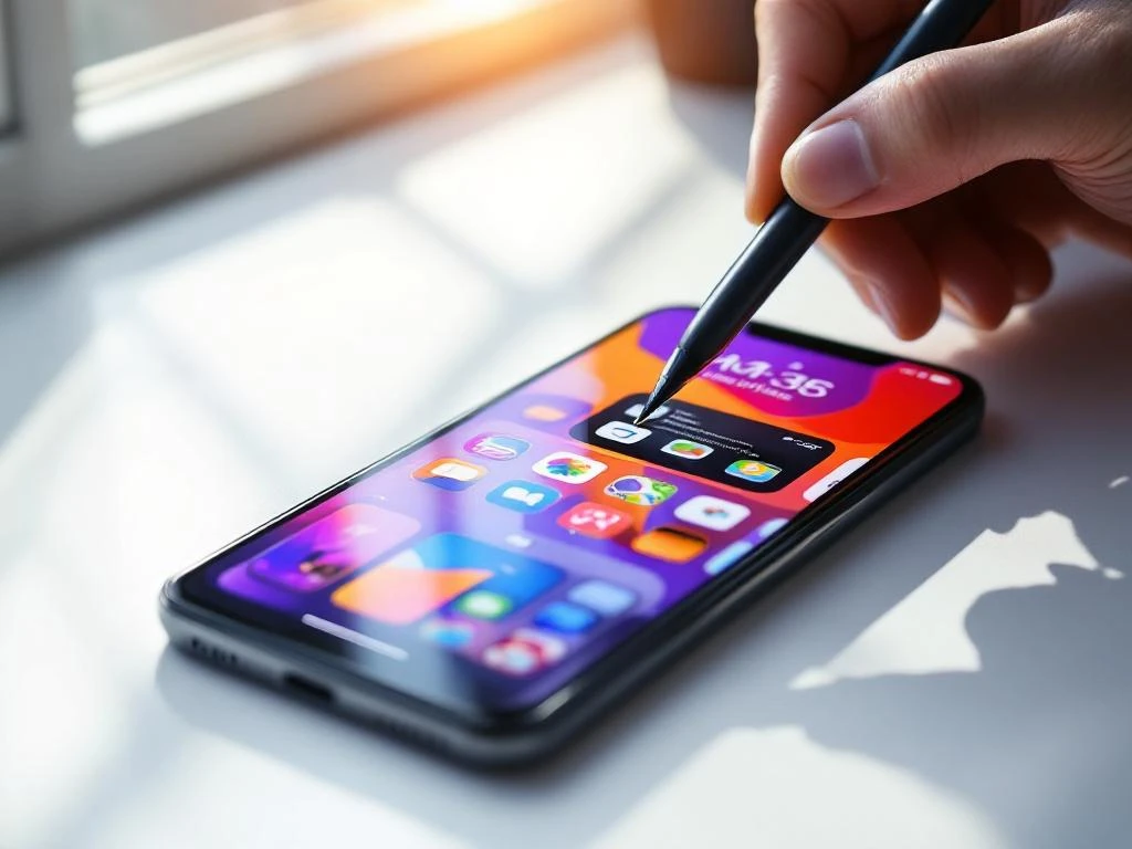 Smartphone met kleurrijke app store-interface op wit bureau, met de hand van de ontwerper die een stylus boven het apparaat houdt.