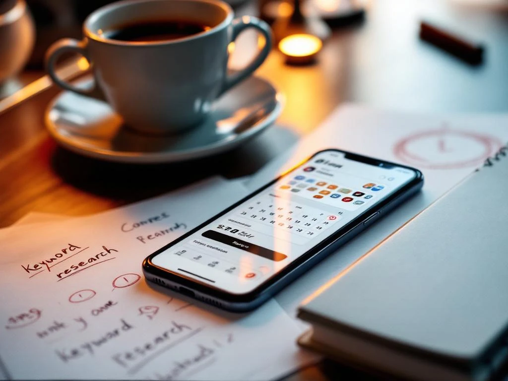 Smartphone met app store-interface op bureau, kalender met omcirkelde datums en koffiekopje op onderzoeksnotities