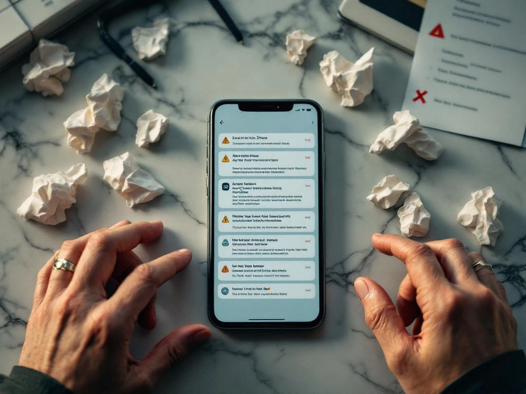 Smartphone op marmeren bureau met foutmeldingen van de App Store, met op de achtergrond een gefrustreerde persoon die zijn hoofd vasthoudt.