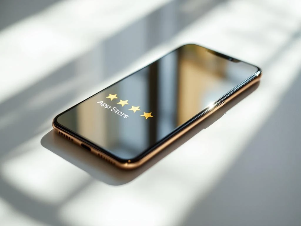 Smartphone op een wit bureau met de app store en gouden sterrenbeoordelingen, gefotografeerd vanuit een bovenaanzicht met natuurlijk licht.