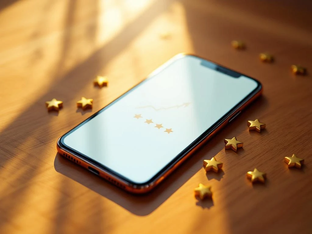 Smartphone op houten bureau met app store en sterrenbeoordelingen, omringd door gouden sterren in warm zonlicht.