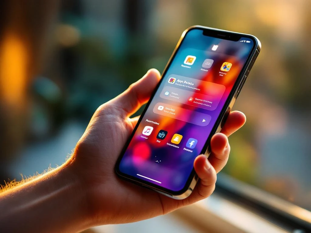 Smartphone met een kleurrijke app store-interface en gepersonaliseerde aanbevelingen, in de hand gehouden bij natuurlijk licht.