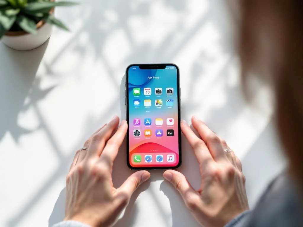 Smartphone displaying colorful app store interface on white desk with hands adjusting device position