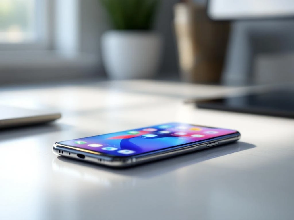 Smartphone met kleurrijke app store-interface op minimalistisch bureau met natuurlijk licht en geringe scherptediepte.