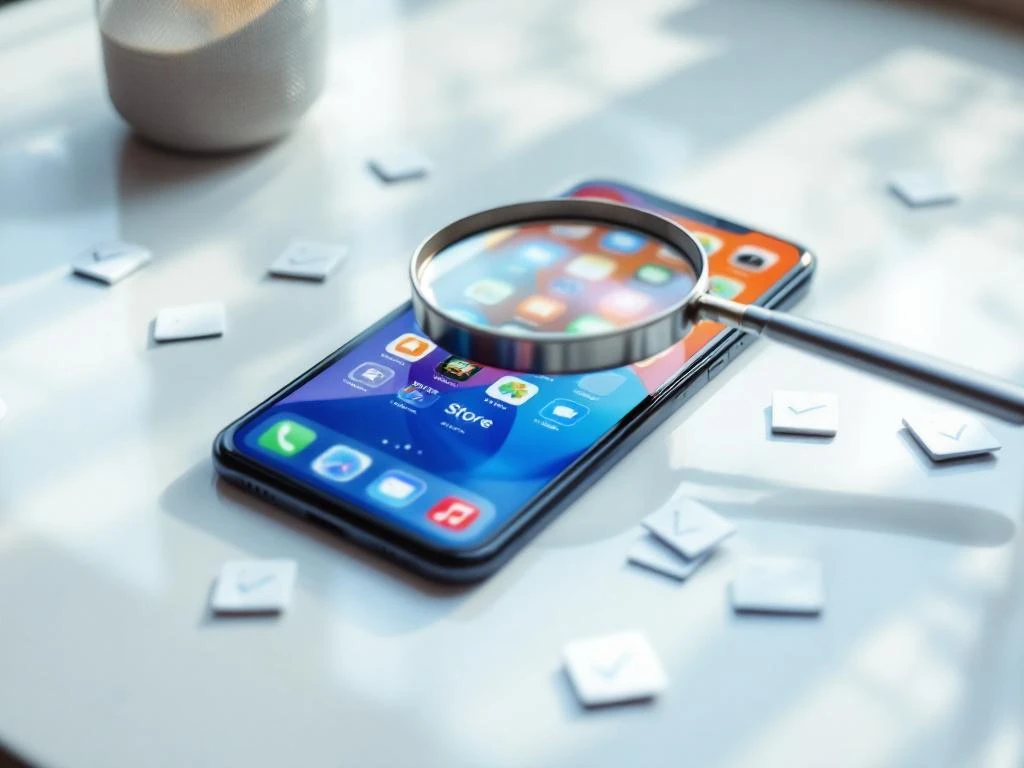 Smartphone met kleurrijke app store-interface en vergrootglas dat app-vermeldingen markeert op een wit bureau