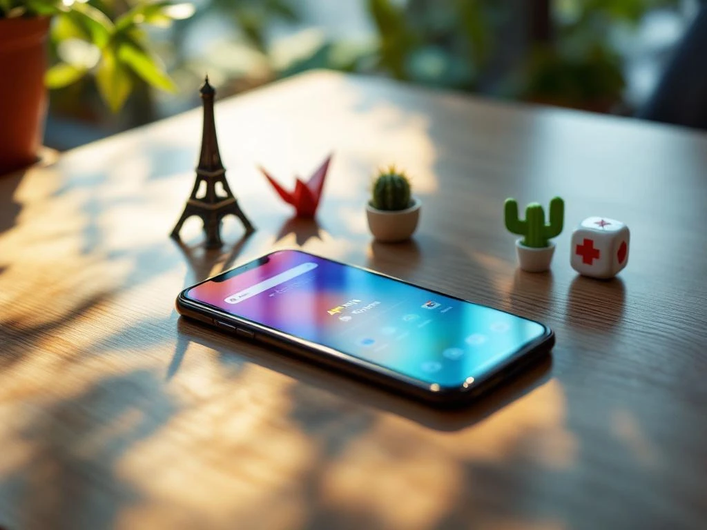 Smartphone on wooden desk displaying colorful app store interface, surrounded by miniature Eiffel Tower and origami crane