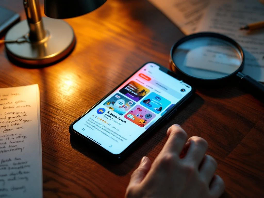 Smartphone displaying colorful app store on wooden desk with keyword research notes and magnifying glass, hand reaching toward device