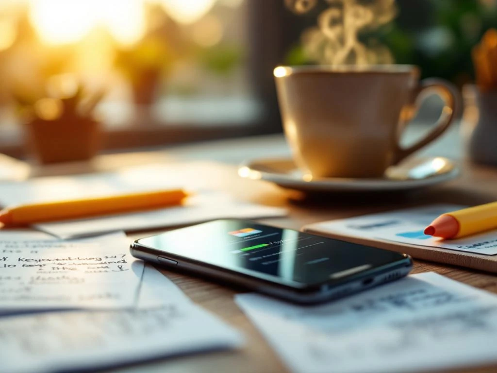 Smartphone met kleurrijke app store op houten bureau, handgeschreven aantekeningen over zoekwoordonderzoek, markeerstift en koffiekopje.