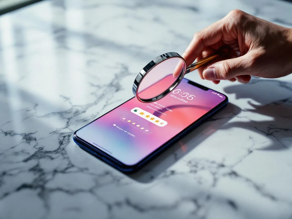 Businessman examining smartphone app store interface with magnifying glass on marble surface, star ratings visible on screen