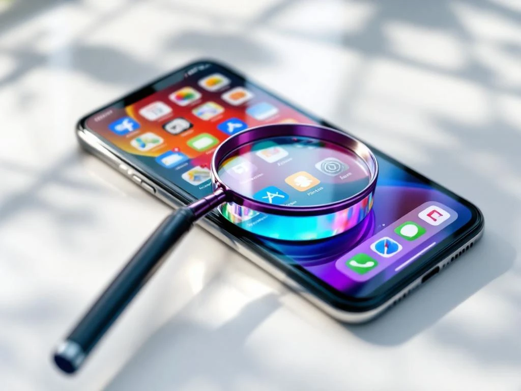 Smartphone on white desk displaying colorful app store interface with magnifying glass highlighting search feature