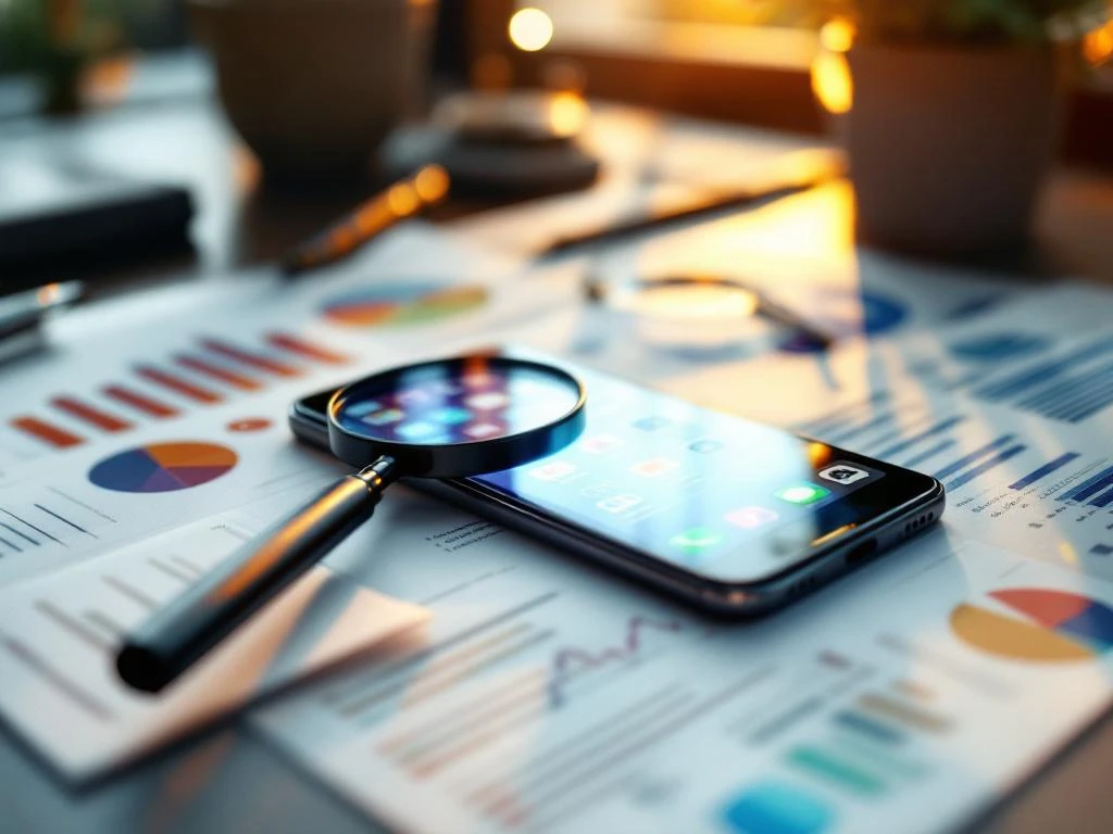 Smartphone displaying colorful app store interface on desk with marketing analytics charts and magnifying glass in warm lighting
