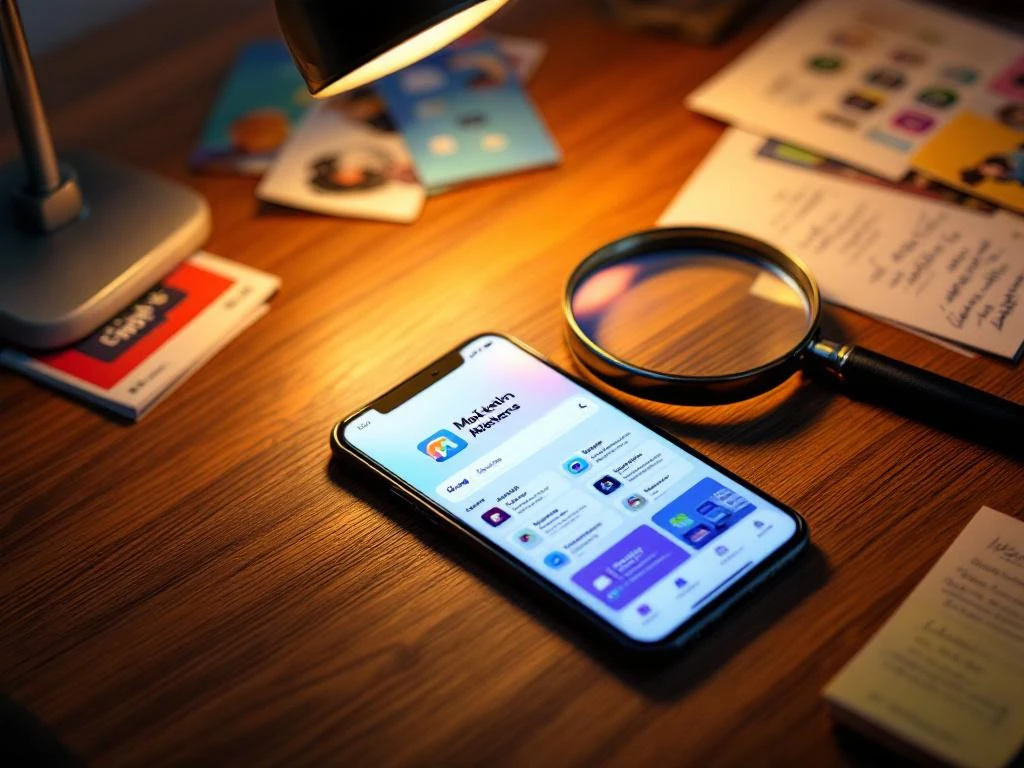 Smartphone met app store-interface op houten bureau met marketingmateriaal, vergrootglas en gerichte bureaulamp.