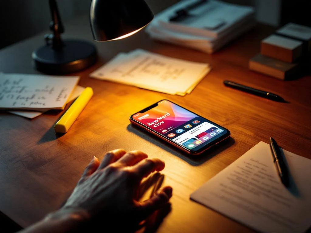 Smartphone op een houten bureau met een kleurrijke interface van de app store, aantekeningen voor zoekwoordonderzoek, een markeerstift en een pen in de buurt.