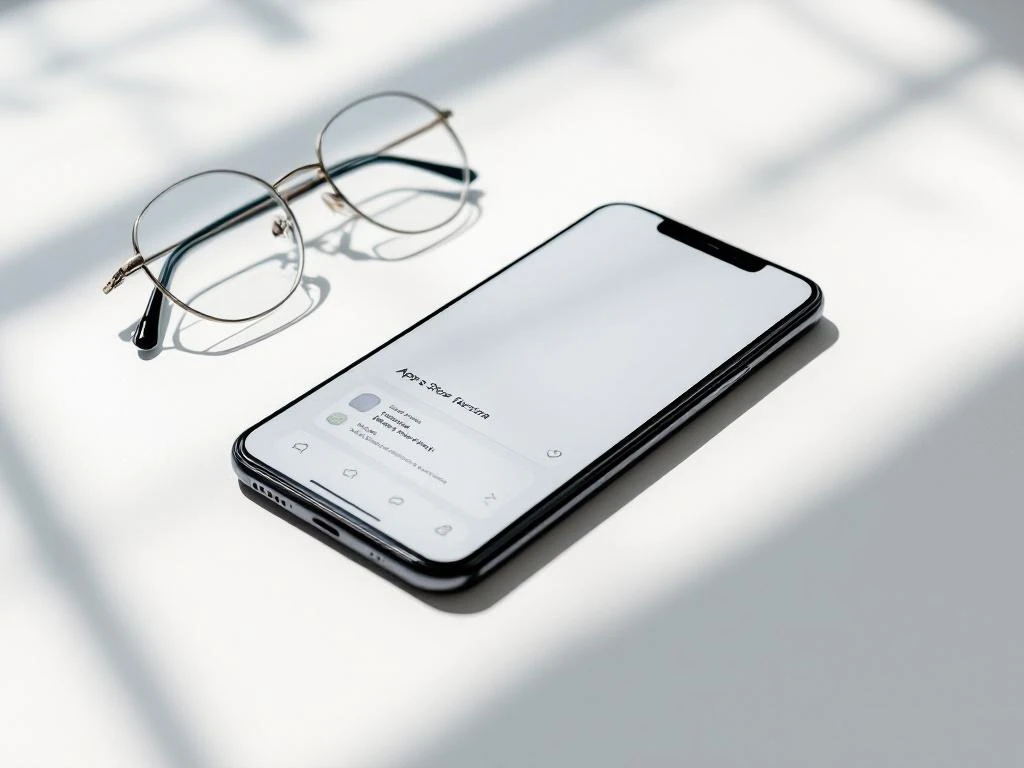 Smartphone displaying app store interface on white desk with reading glasses and natural lighting