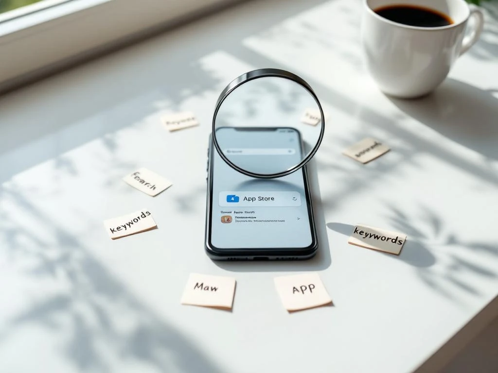 Smartphone op een wit bureau met de zoekinterface van de app store, vergrootglas en trefwoordnotities eromheen verspreid.