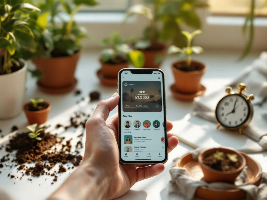 Smartphone displaying app store on white desk with hand reaching toward it, surrounded by small plant seedlings in terracotta pots