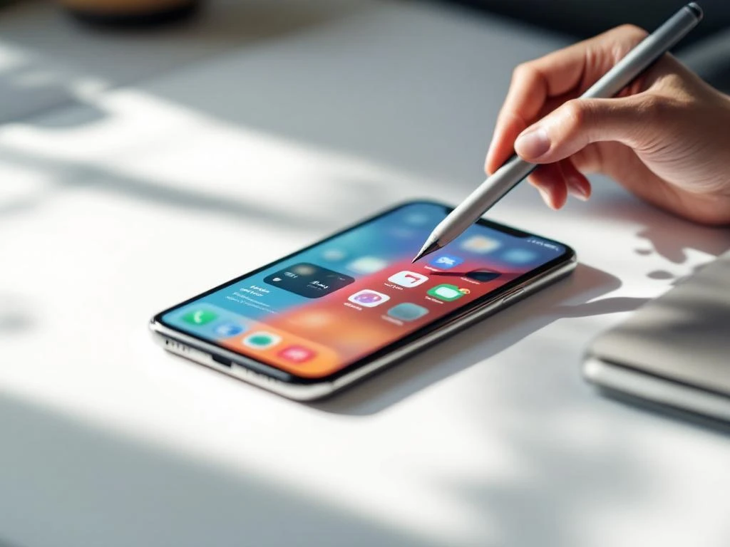 Smartphone op een wit bureau met een kleurrijke interface van de app store, en een hand die een stylus vasthoudt om de apptitel te bewerken.