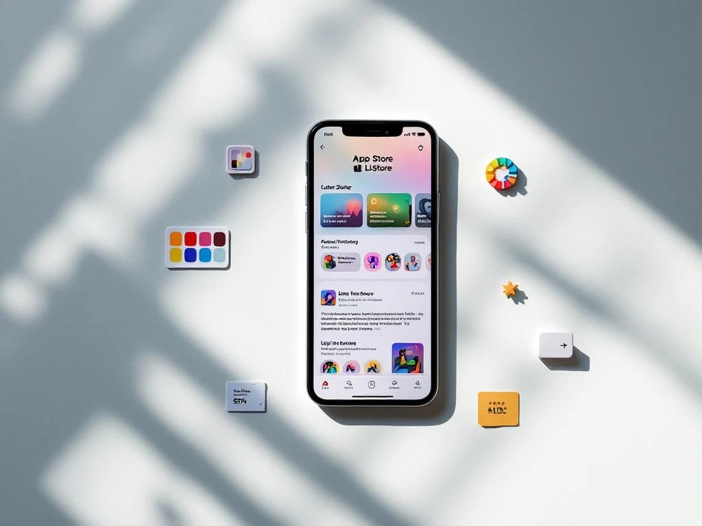 Smartphone displaying colorful app store page on white desk surrounded by testing elements including color swatches and ratings