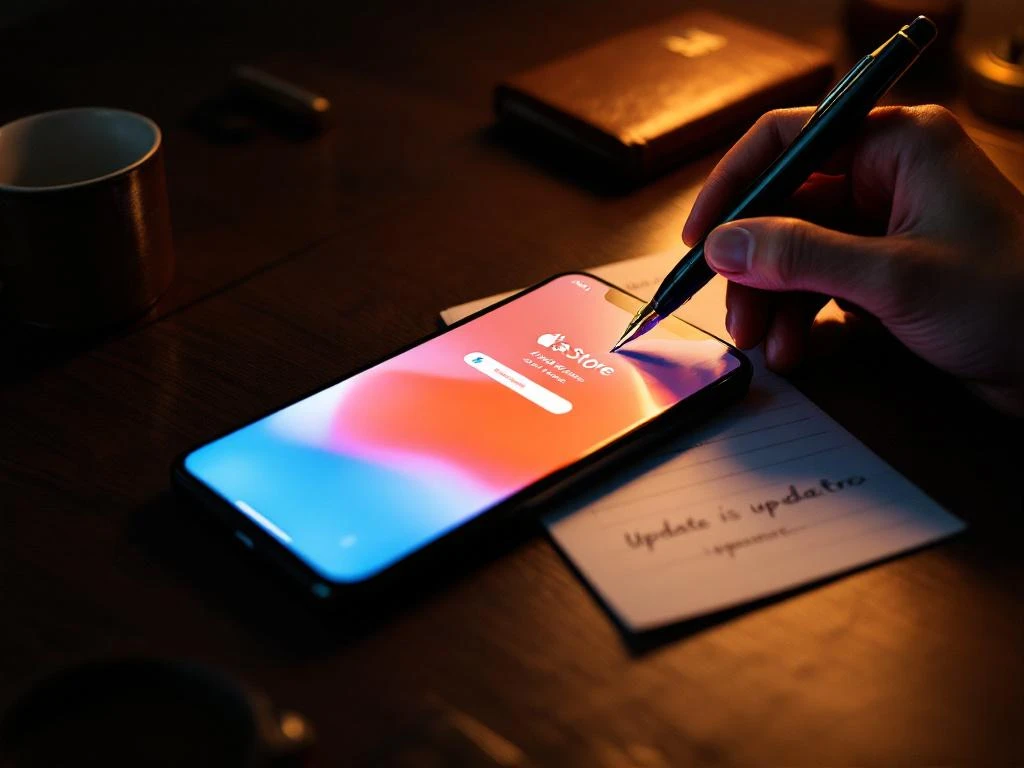 Smartphone displaying colorful app store screen on wooden desk with hand holding pen over notebook